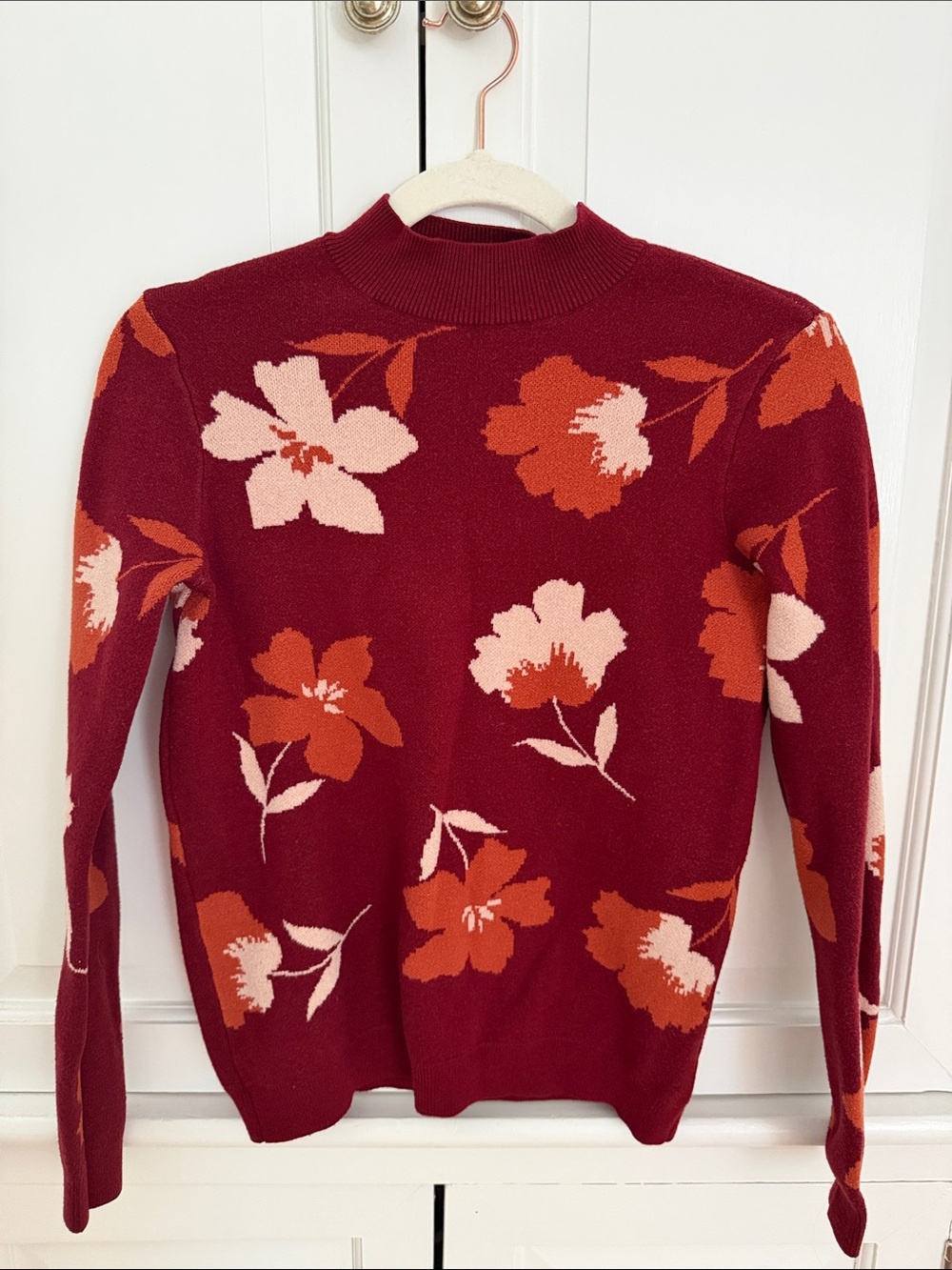 Floral Mock-Turtleneck Sweater in Burgundy with Pink & Orange Blooms